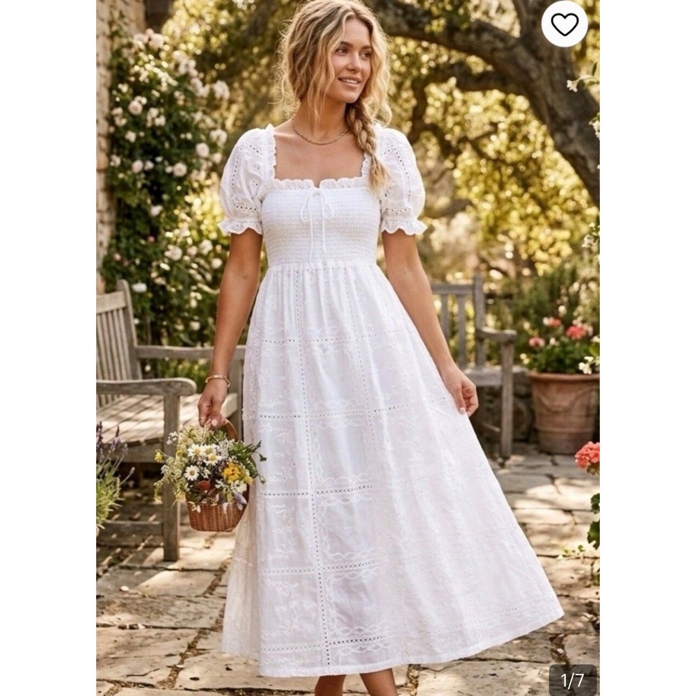 Caroline Constas Gianna White Smocked Eyelet Midi Dress Puff Sleeve NWT Size M